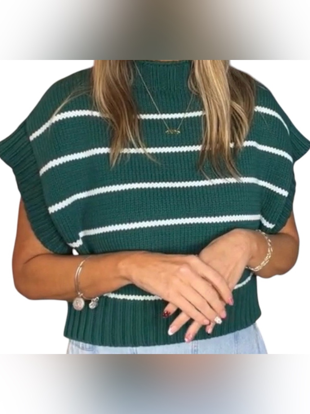 Women’s Zenana Green/White Striped Mock neck Sweater Size Small chunky knit - Picture 15 of 16